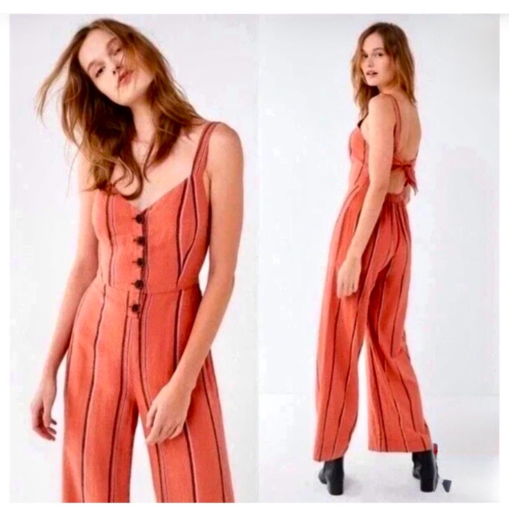 Urban Outfitters Striped Linen Blend Wide-Leg Jumpsuit Tie-Back Button Front S